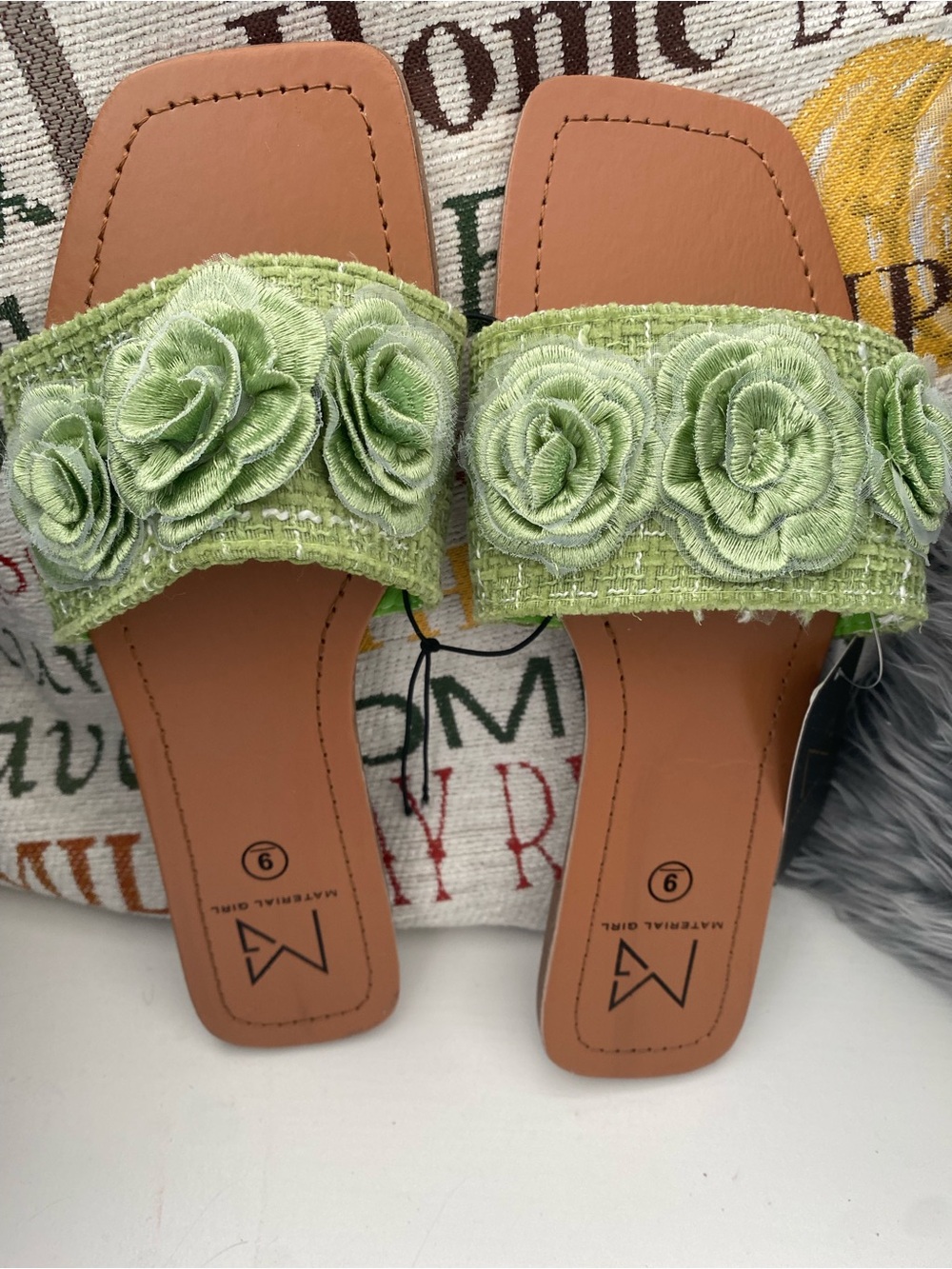 Material Girl Light Green Floral Rosette Slide Sandals